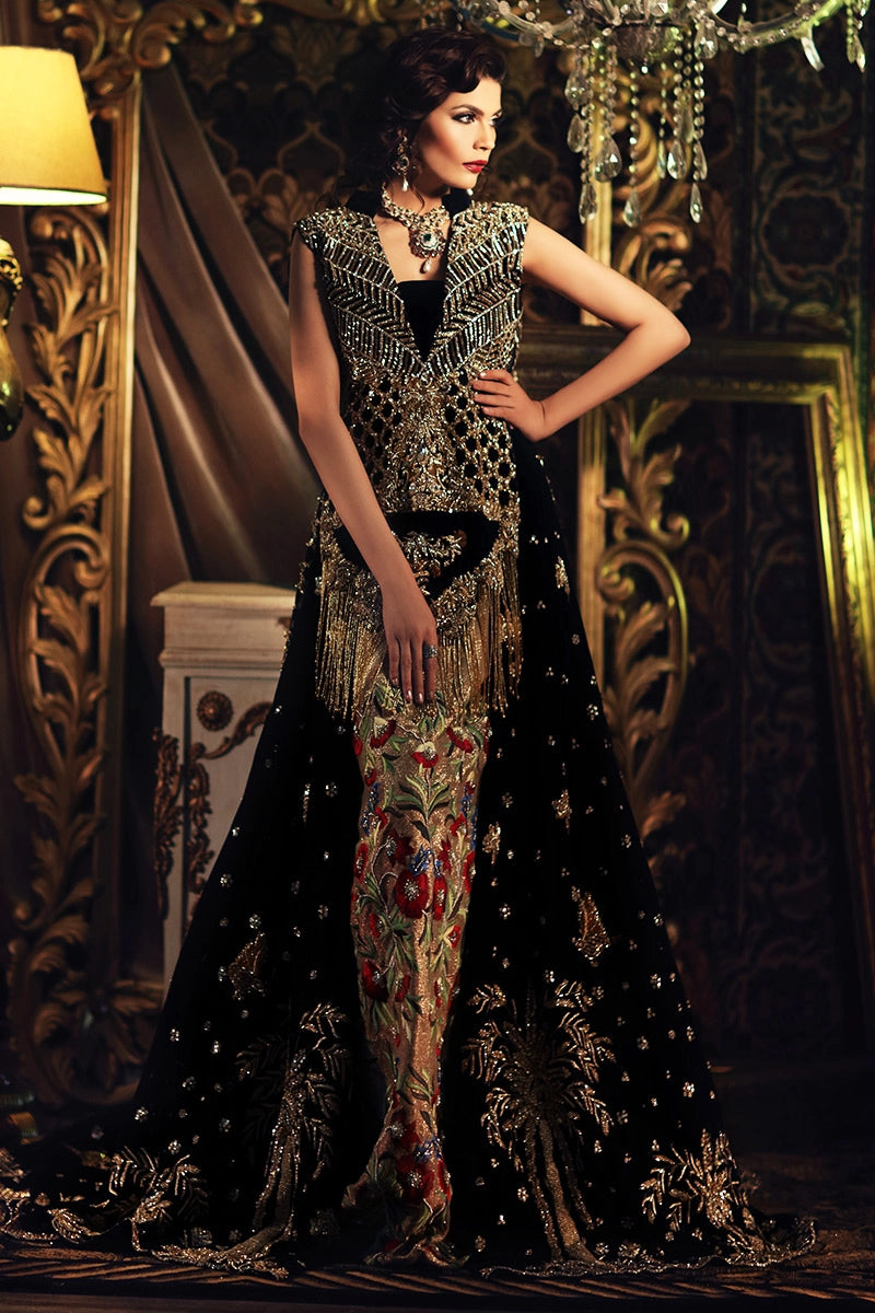 Mehr - Exquisite Black Velvet Bridal Gown with Floral Appliqué by Reema Ahsan