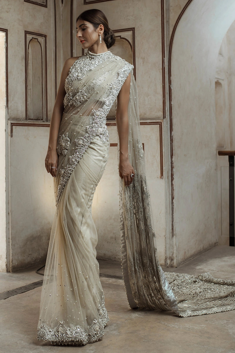 Noor - Exquisite White Net Saree Set with Royal Beaded Blouse