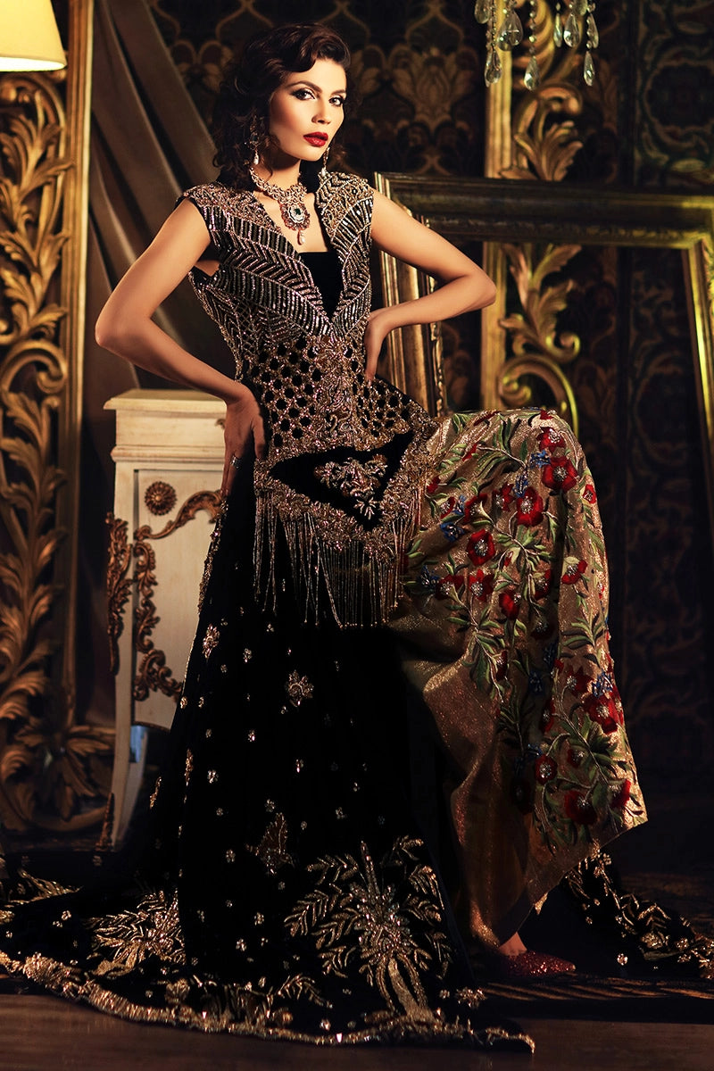 Mehr - Exquisite Black Velvet Bridal Gown with Floral Appliqué by Reema Ahsan