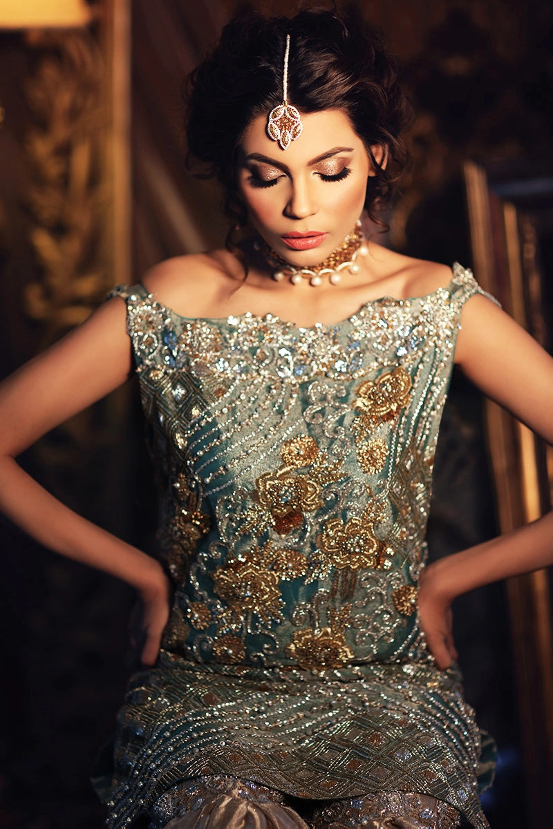 Serena - Exquisite Ice Blue Bridal Kurti & Farshi Lehenga by Reema Ahsan
